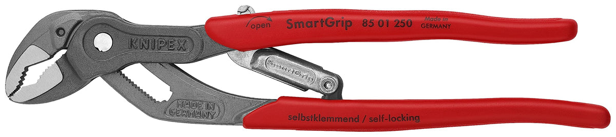 KNIPEX auto adjusting water pump pliers in red, ideal for fast grip adjustments in workshops.