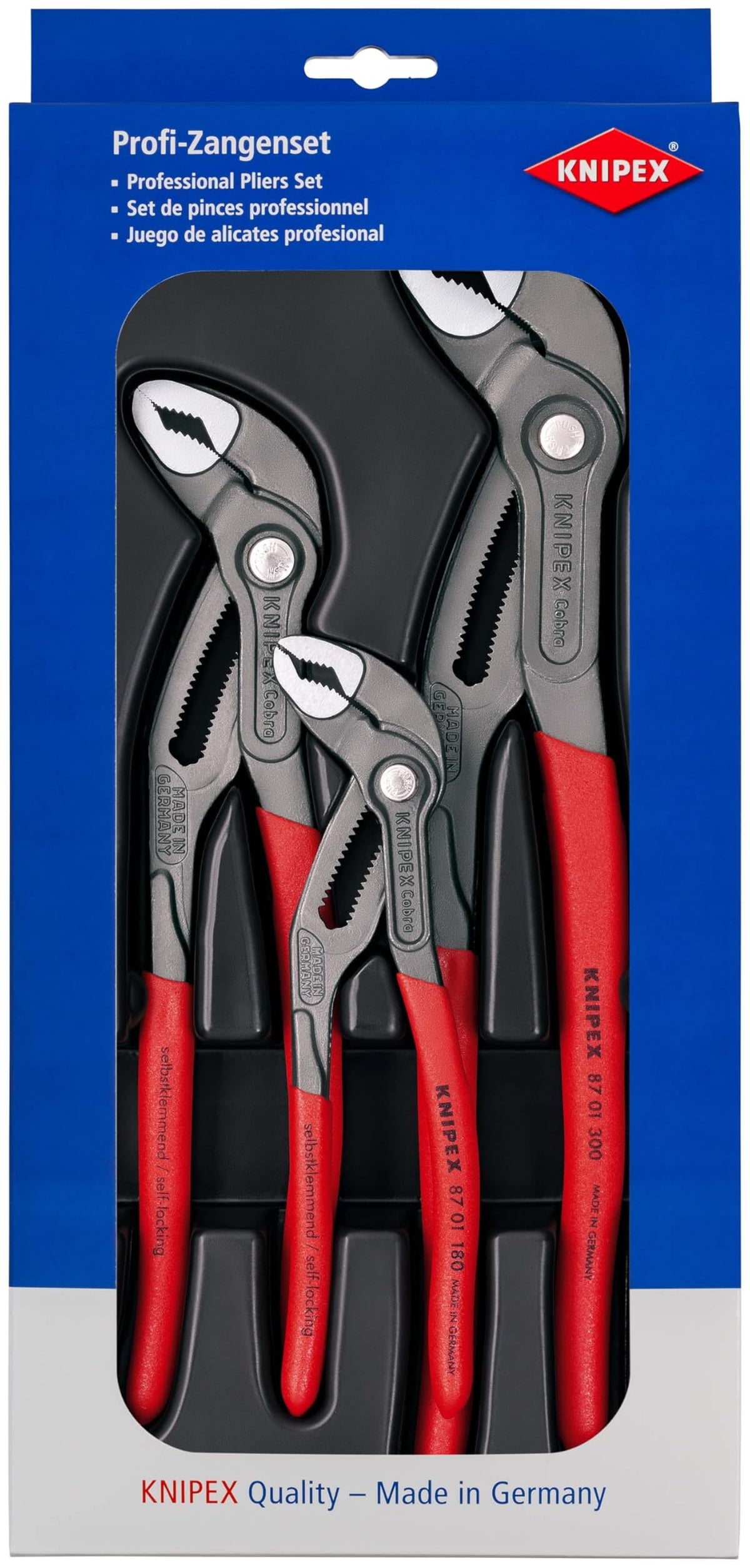 KNIPEX Cobra pliers set in tray with transparent lid for organized tools.