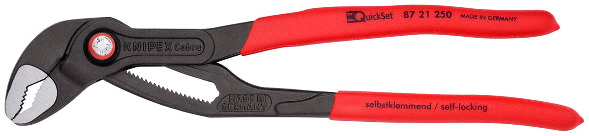 KNIPEX Cobra Quick Set Water Pump Pliers 10-inch in hand showing versatile grip for plumbing tasks