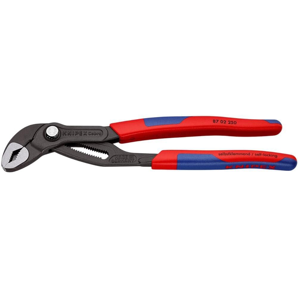 KNIPEX Cobra water pump pliers showing touch-button adjustment on the workpiece for quick sizing
