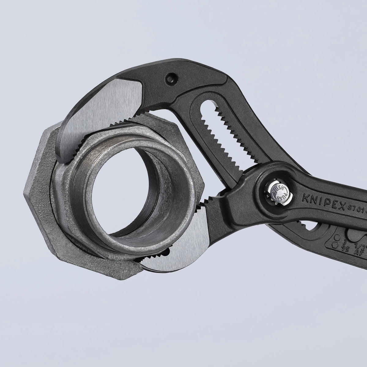 KNIPEX Cobra 27-position adjustability fits hex nuts and pipes.