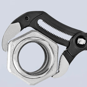 KNIPEX Cobra water pump pliers button-adjustment allows fast size changes.