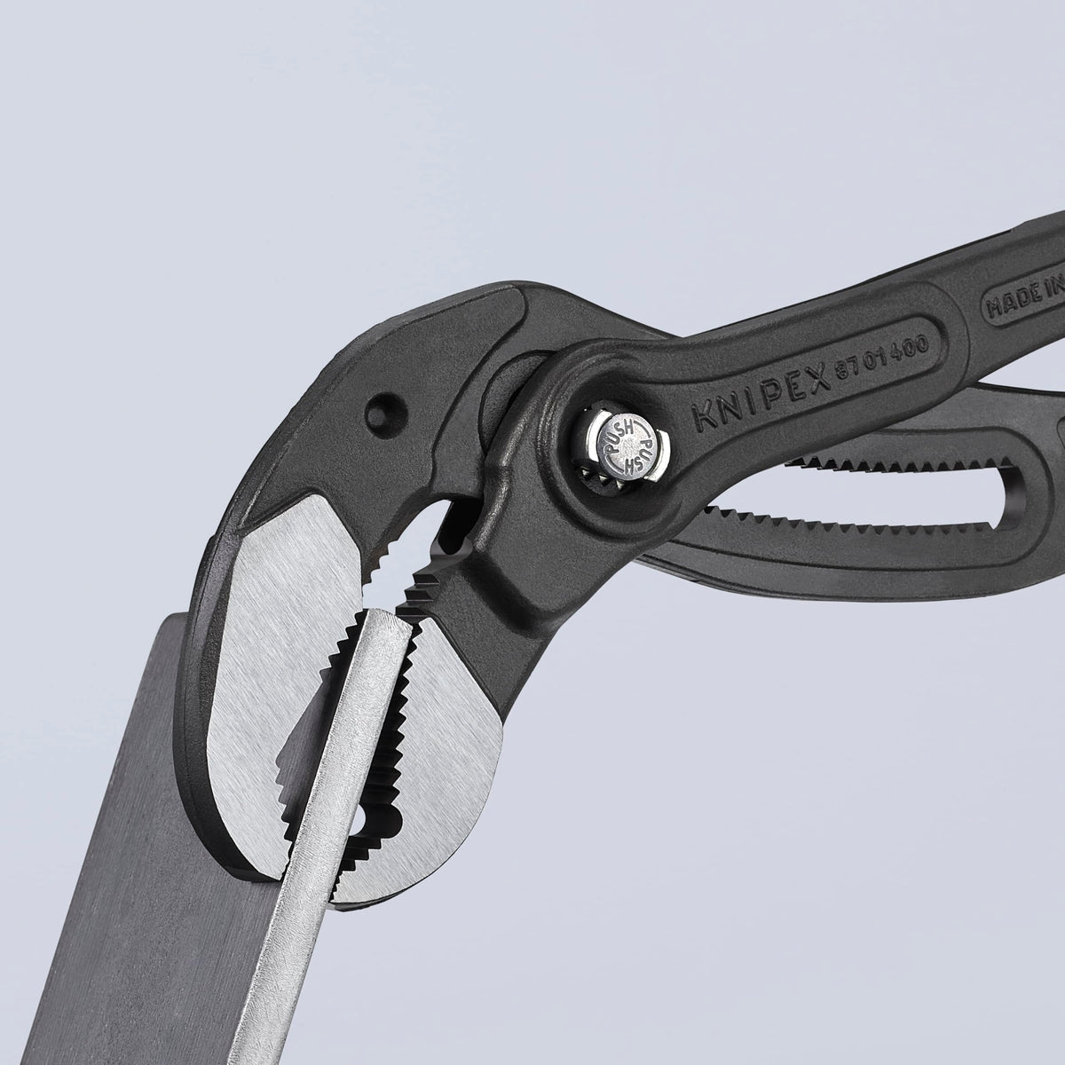 KNIPEX Cobra water pump pliers self-locking teeth prevent slipping.