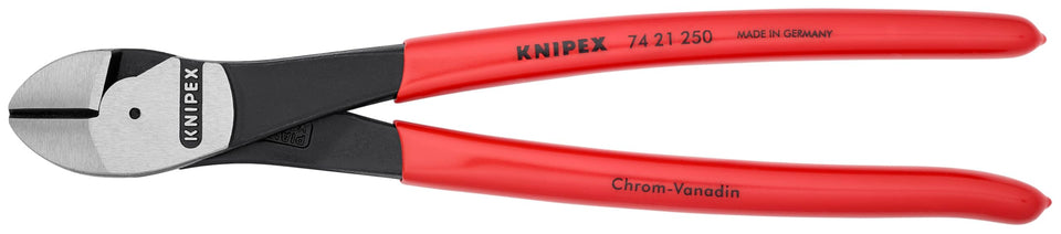 KNIPEX high leverage diagonal cutters with 12-degree angled head for flush cuts in tight spaces.