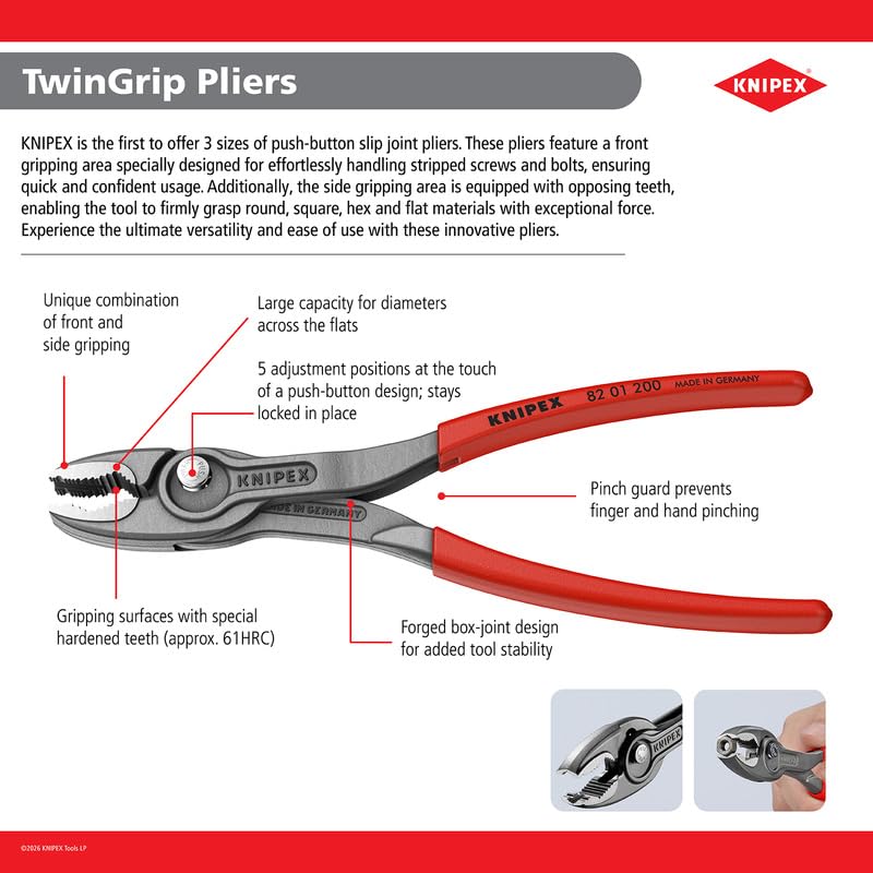 KNIPEX TwinGrip 8-inch side jaw demonstrates maximum force on diverse shapes