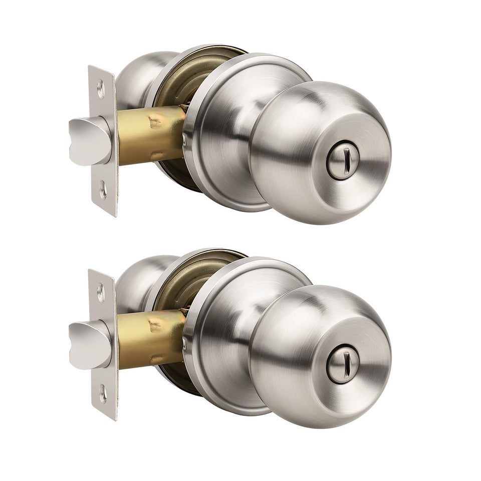 Knobonly 2-pack privacy door knobs satin-nickel on interior doors for bedroom privacy.