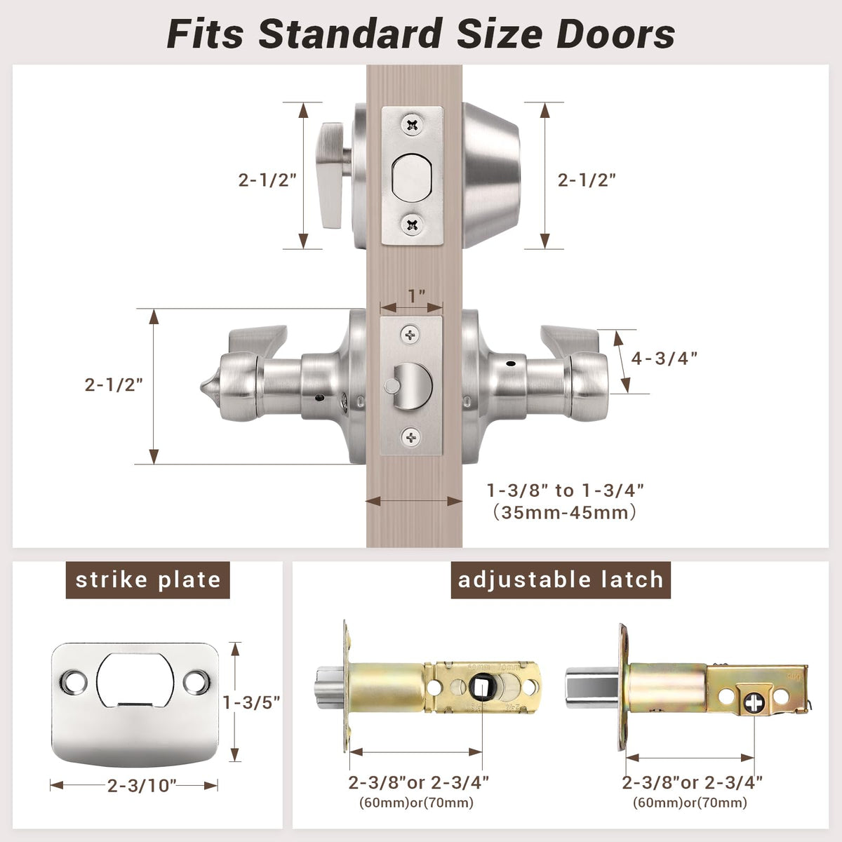 Knobonly adjustable latch 60 mm or 70 mm fit for standard doors.