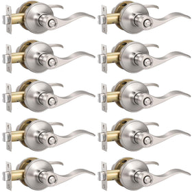 Knobonly brushed satin nickel door lever with privacy function for interior rooms.