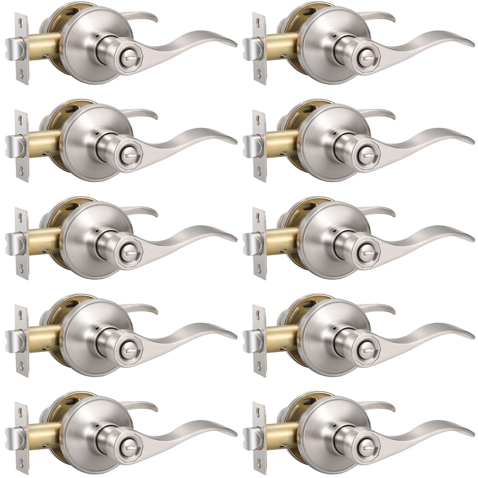 Knobonly brushed satin nickel door lever with privacy function for interior rooms.