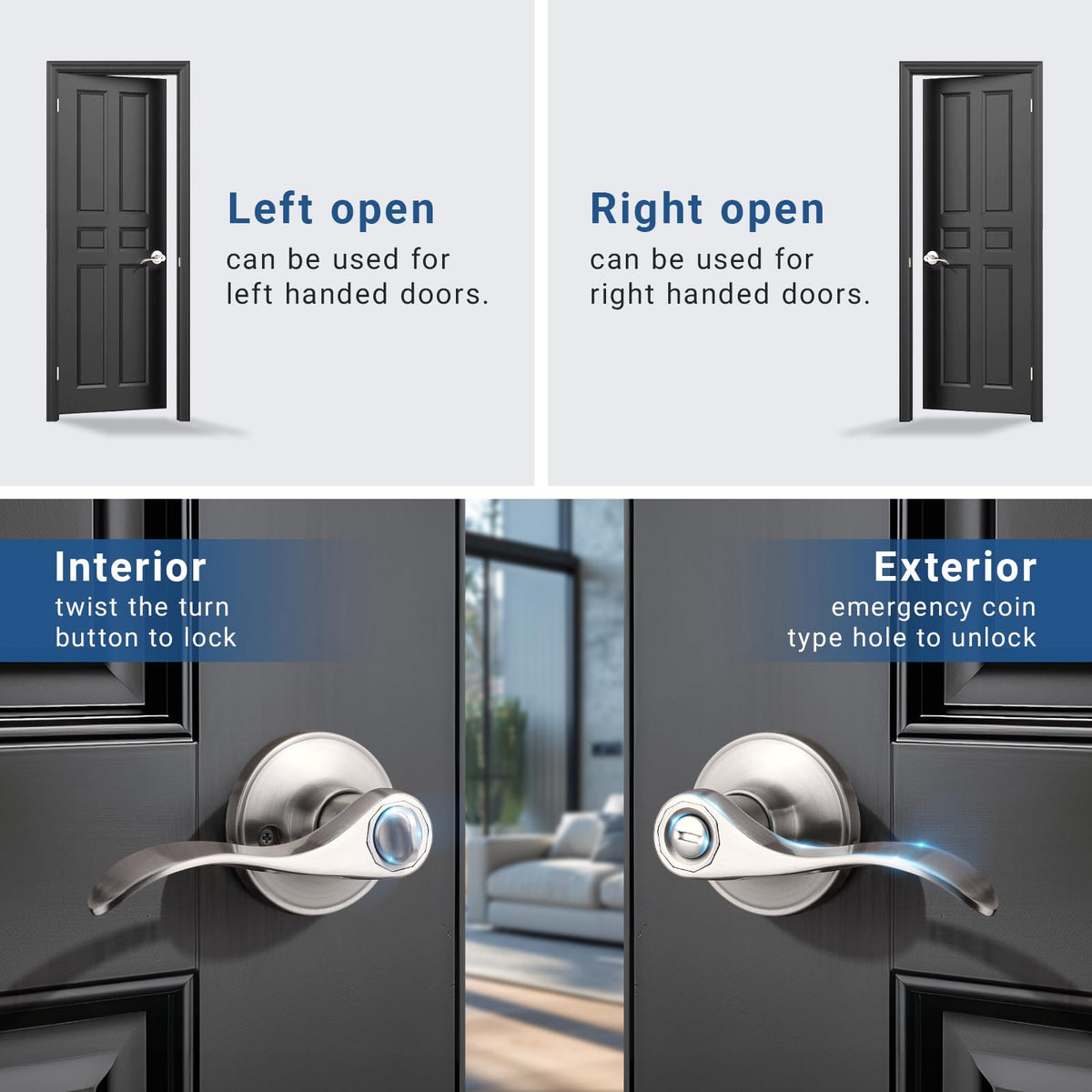 Knobonly durable satin nickel finish on door lever for long-term use.