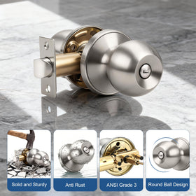 Knobonly interior door knob with inside lock showcased for easy emergency override.