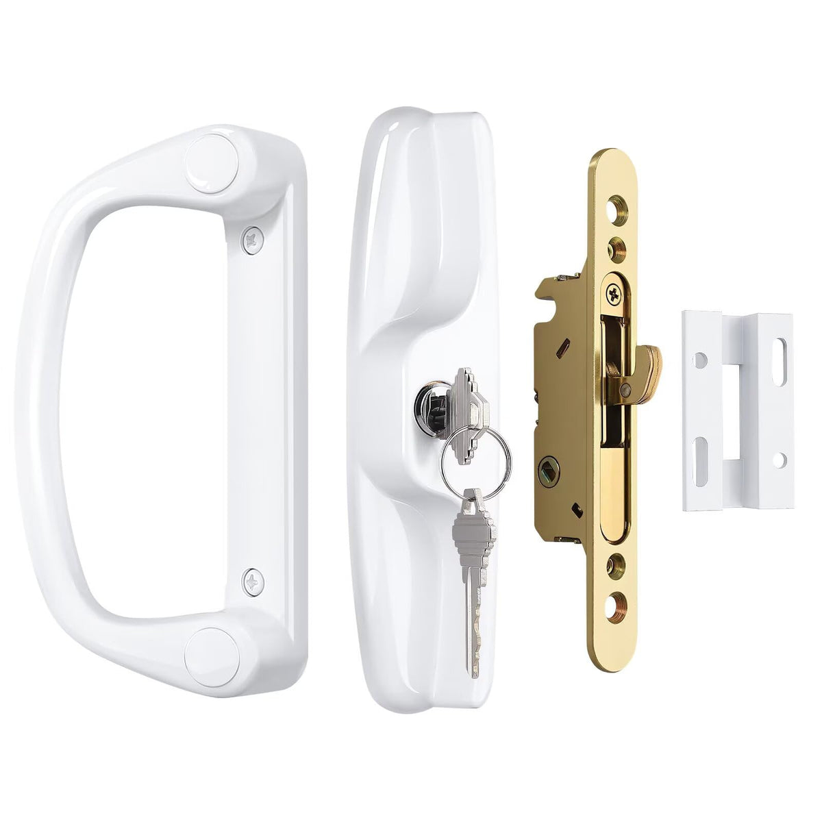 Knobonly keyed exterior pull handle on a glass door for secure access.