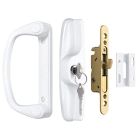Knobonly keyed exterior pull handle on a glass door for secure access.