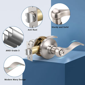 Knobonly keyless privacy lever on interior door with emergency exterior release.
