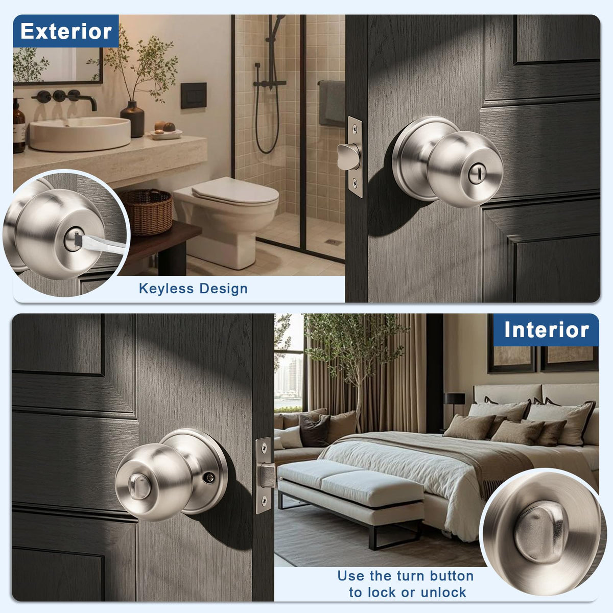 Knobonly round satin-nickel door knob close-up, comfortable grip and modern design.