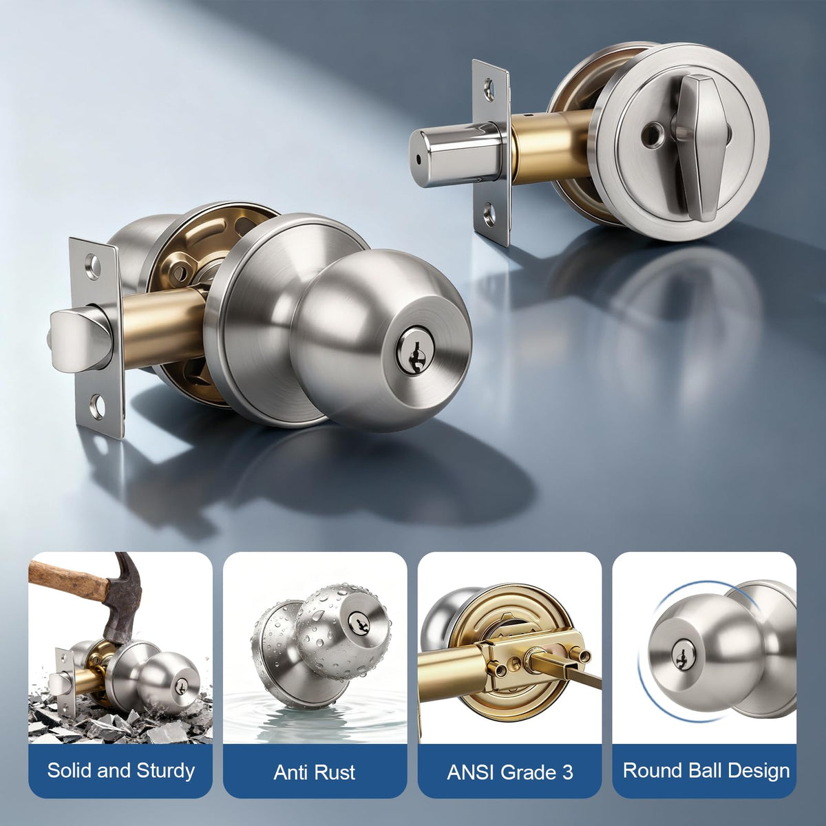 Knobonly satin nickel finish deadbolt assembly, rust-resistant for long-lasting outdoor use.