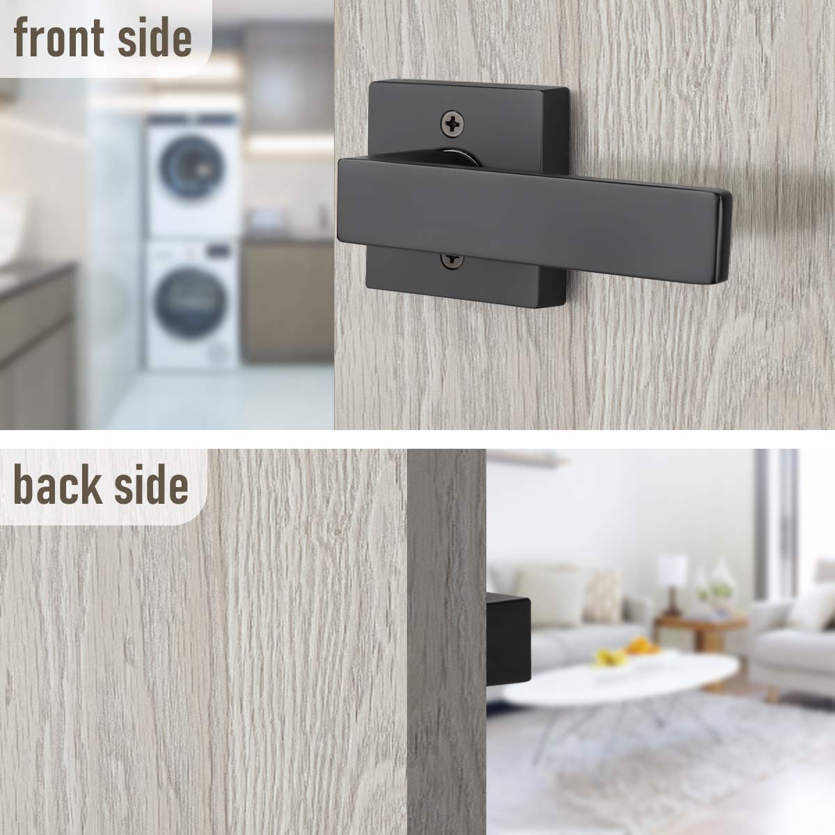 KNOBWELL black door lever shows left-right compatibility for versatile installs