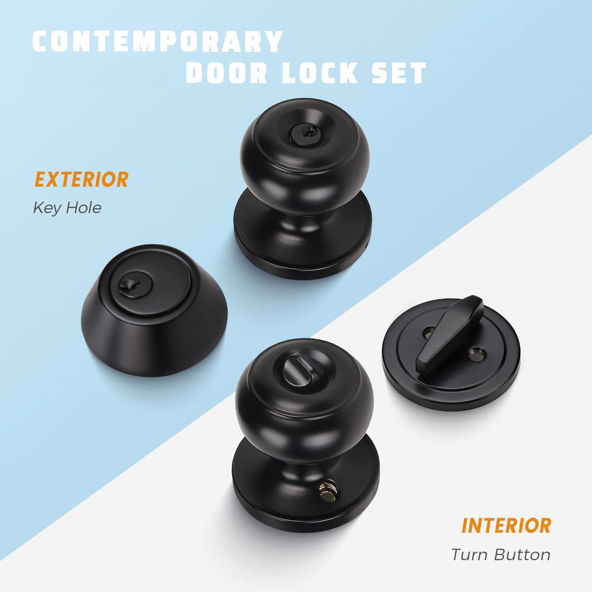 Keyed-entry knob closeup shows dual-lock security and matte black finish.