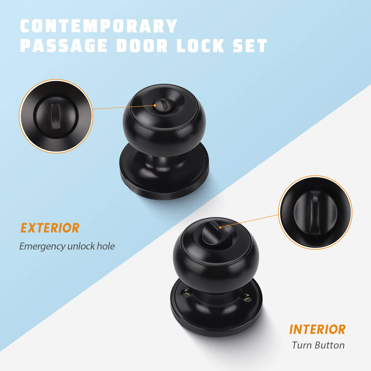 KNOBWELL matte black bedroom door knob with inner lock for private spaces.