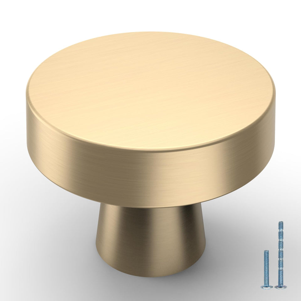 KNOKLOCK brushed gold round knob on a drawer adds refined kitchen style