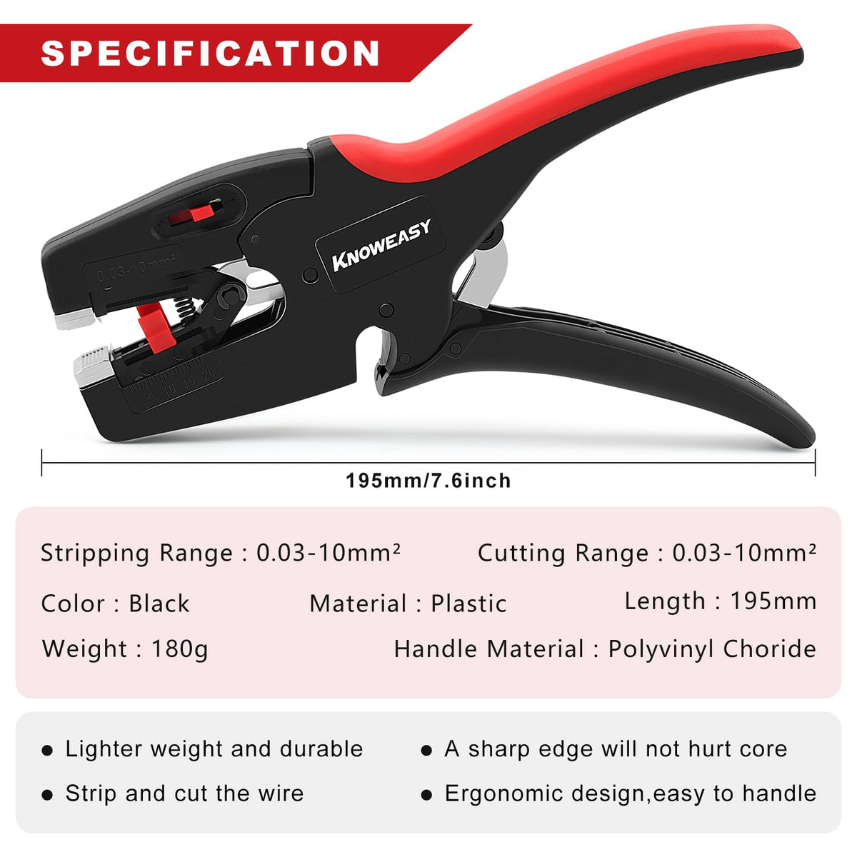 Knoweasy wire stripper with self-adjusting jaws for quick, precise stripping.
