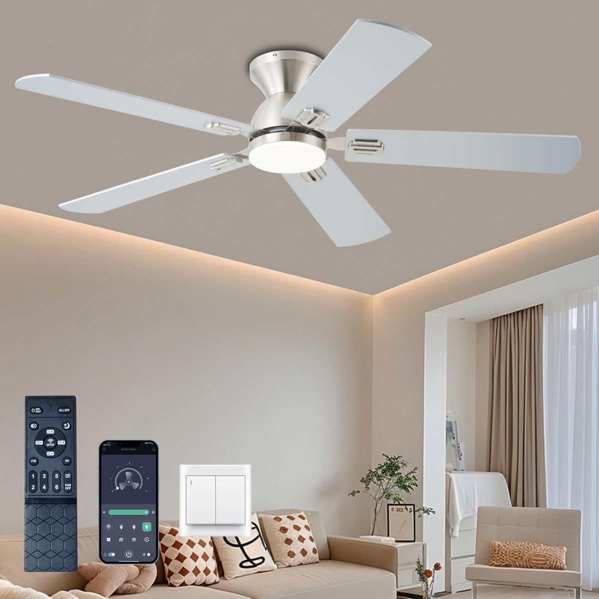 KNUN ceiling fan with light, front view, quiet cooling for bedrooms.