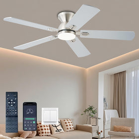 KNUN ceiling fan with light, front view, quiet cooling for bedrooms.