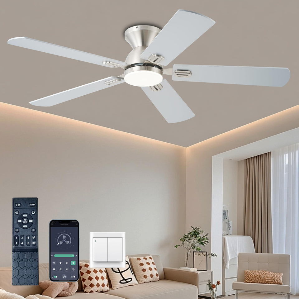 KNUN ceiling fan with light, front view, quiet cooling for bedrooms.
