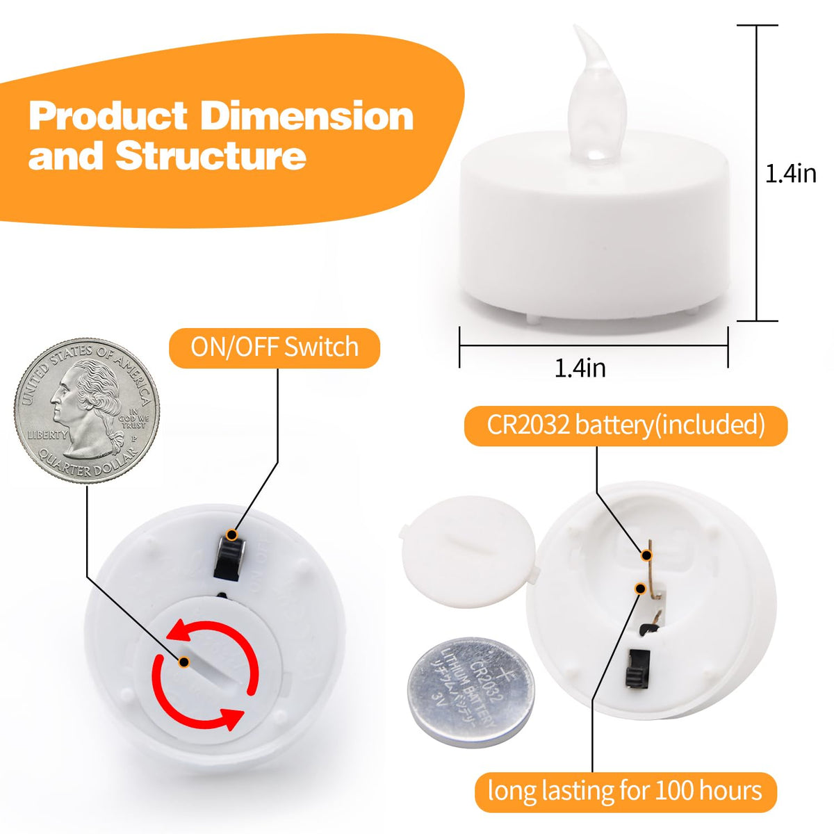 KOABY tea light with CR2032 battery included for immediate use.
