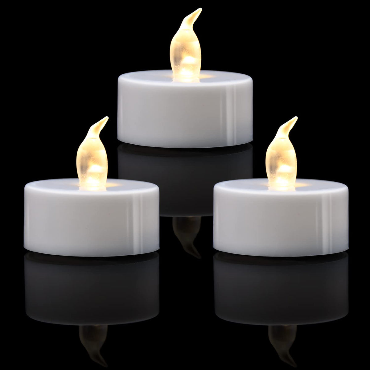 KOABY flameless tea light with warm white flicker for cozy ambiance.