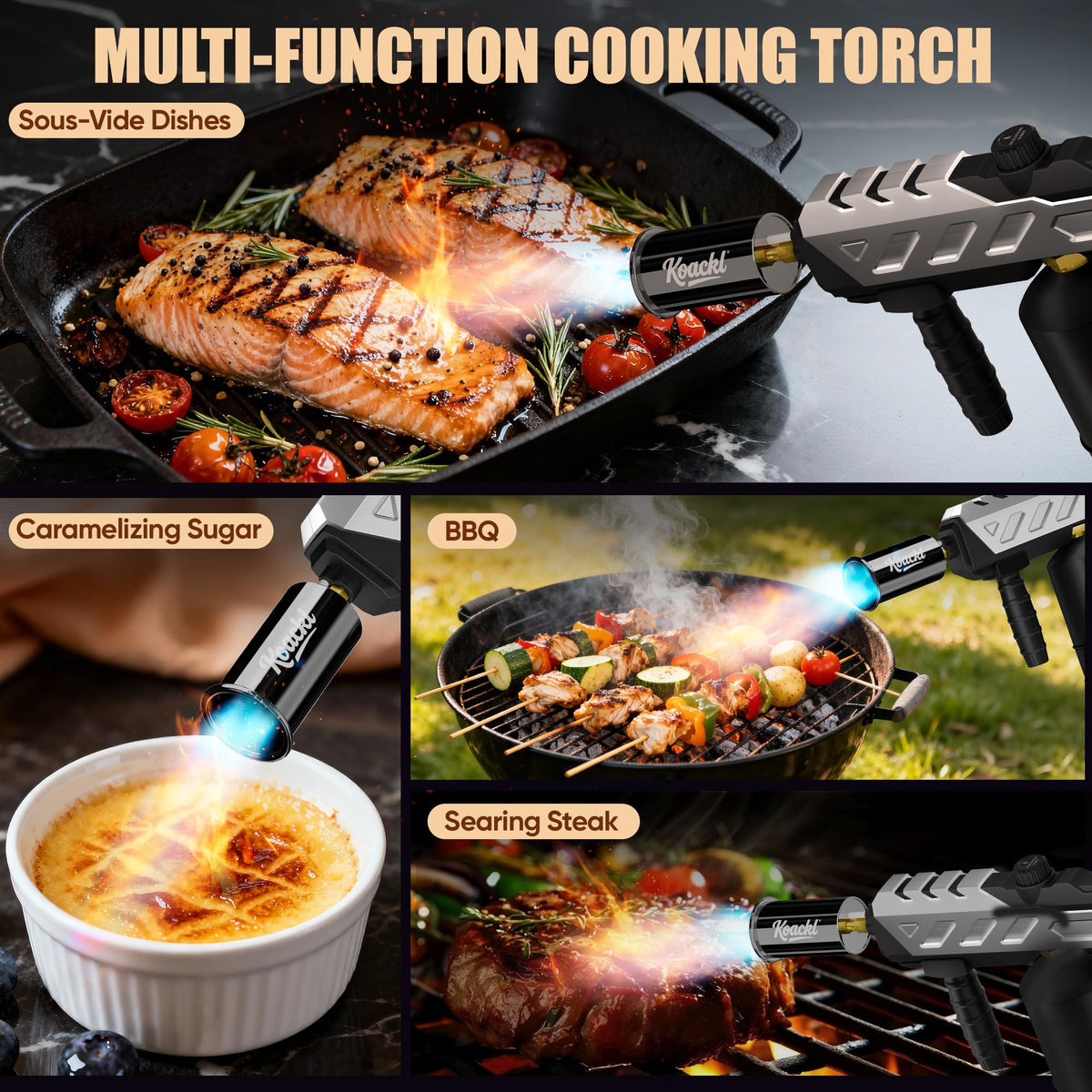 Koackl torch suitable for indoor and outdoor grilling and lighting