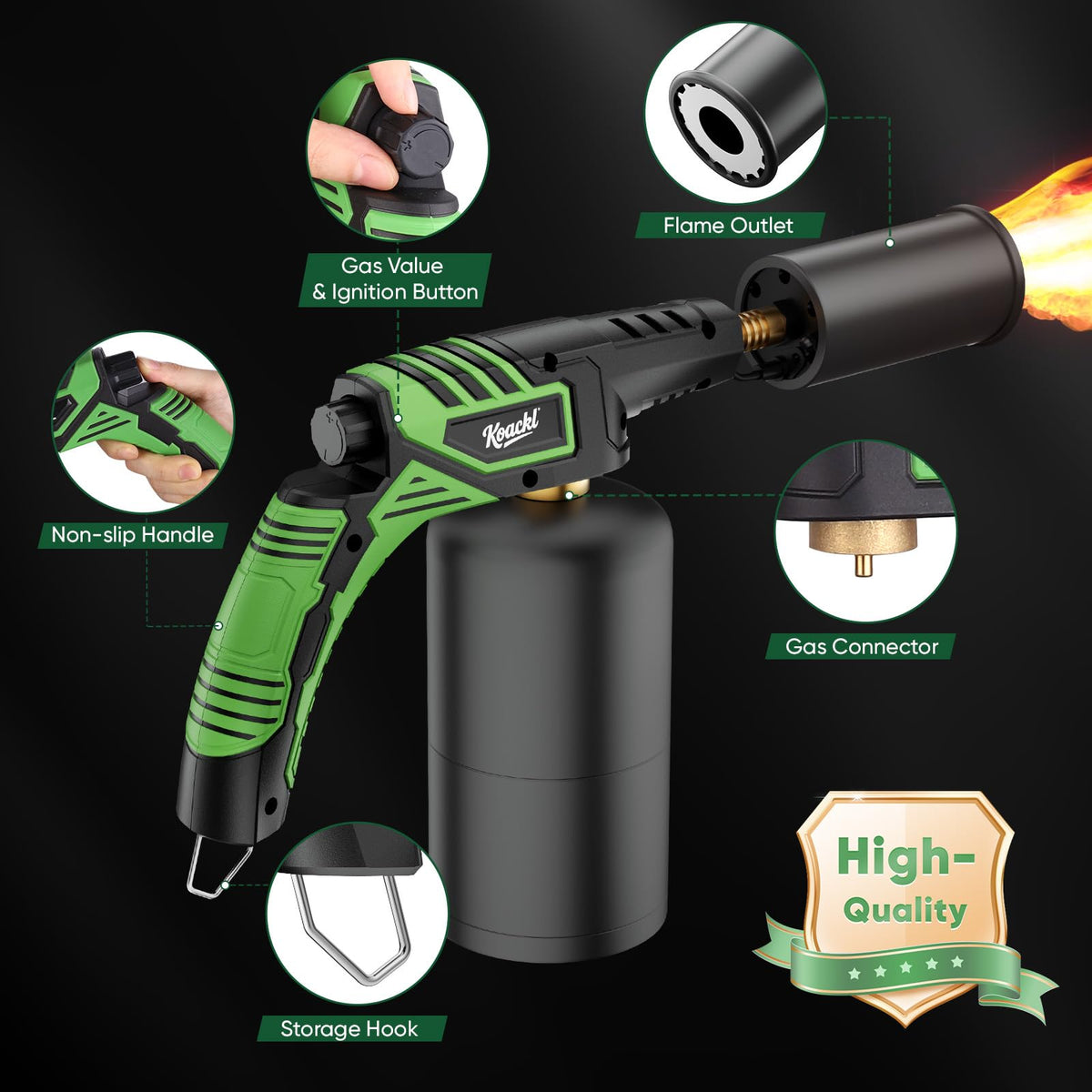 Koackl powerful propane torch with adjustable flame for controlled heating and caramelizing.