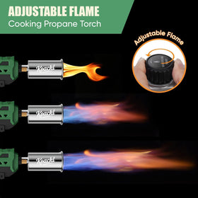 Koackl propane torch gun searing steak for restaurant-quality crust.