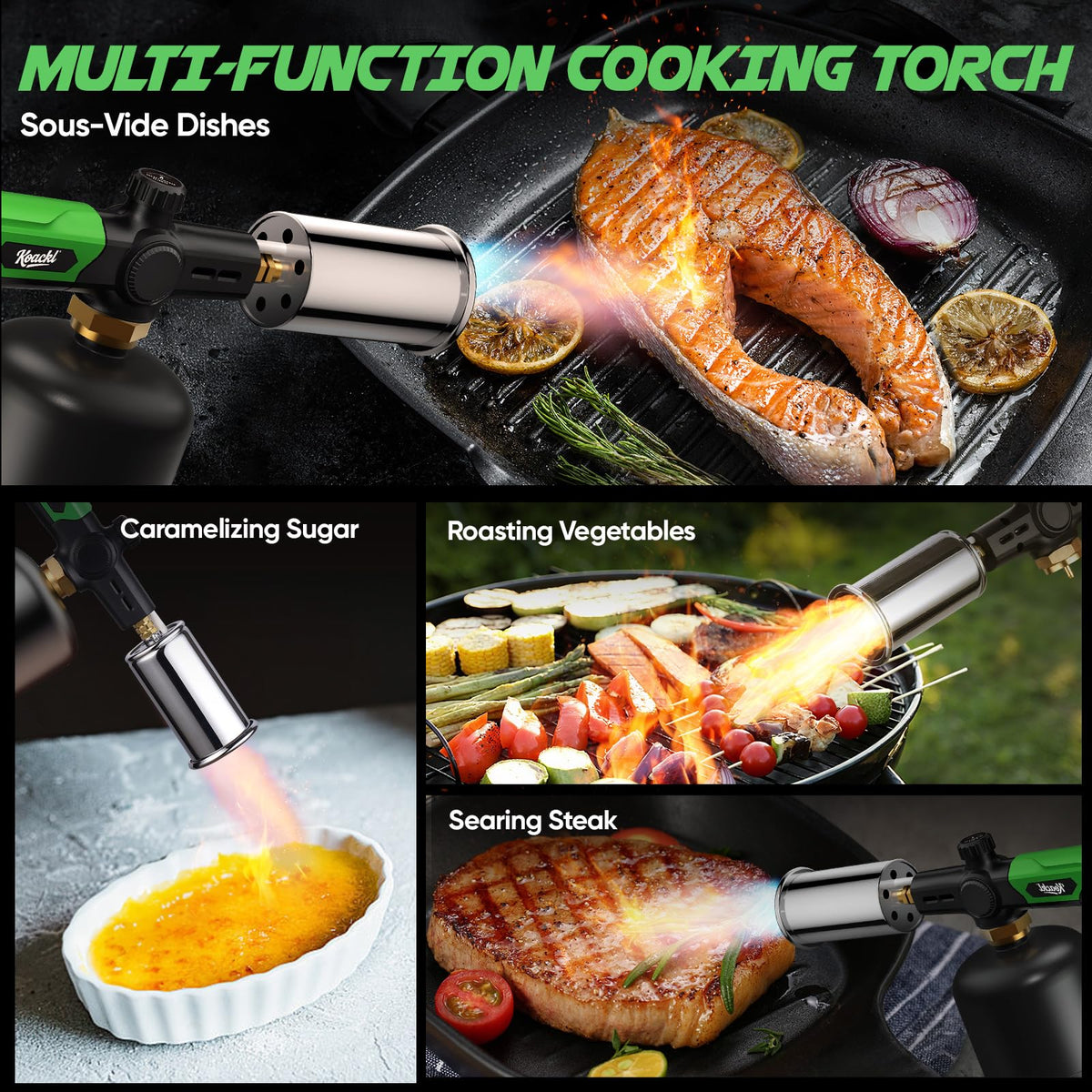 Koackl torch with adjustable flame up to 2462°F for precise cooking.