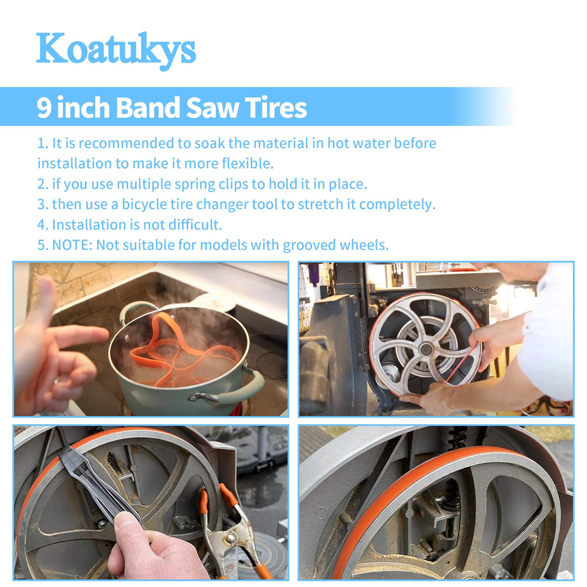 Koatukys tire installation guide shows quick softening for easy seating.