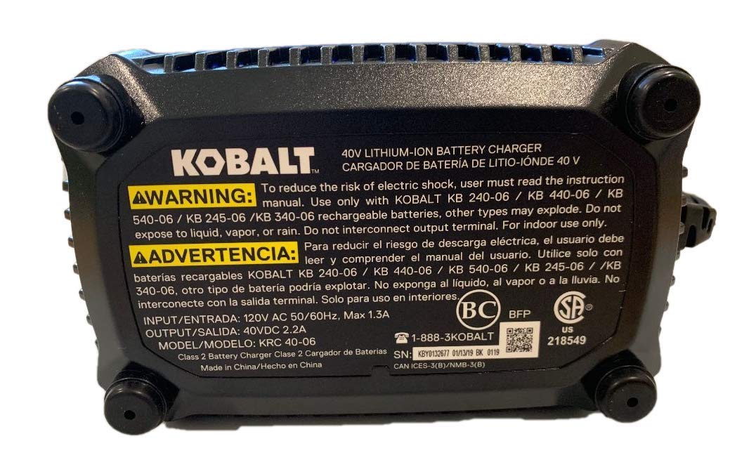 Kobalt 40V charger with indicator lights signals charging progress at a glance.