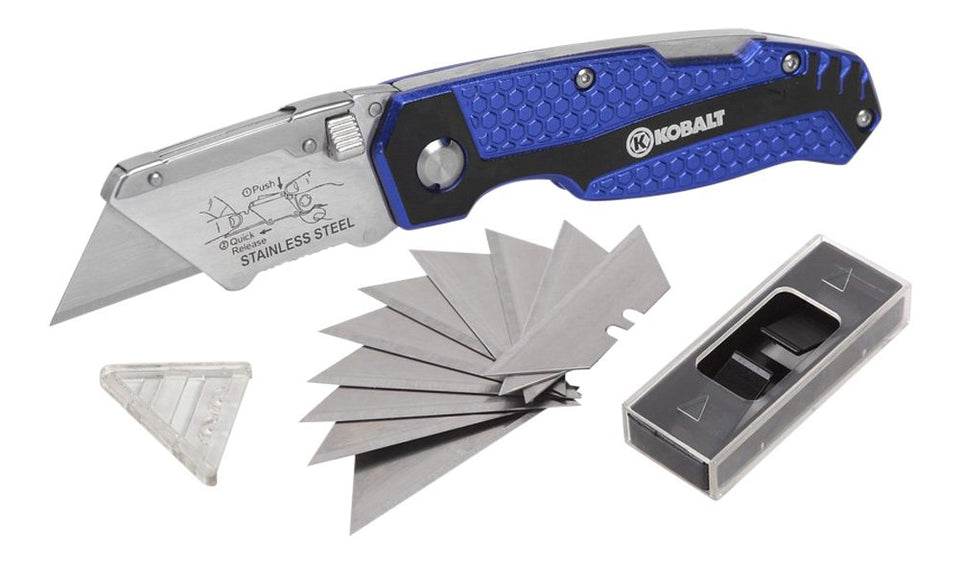 Kobalt folding utility knife with lockback and quick-change blades for versatile cutting tasks.