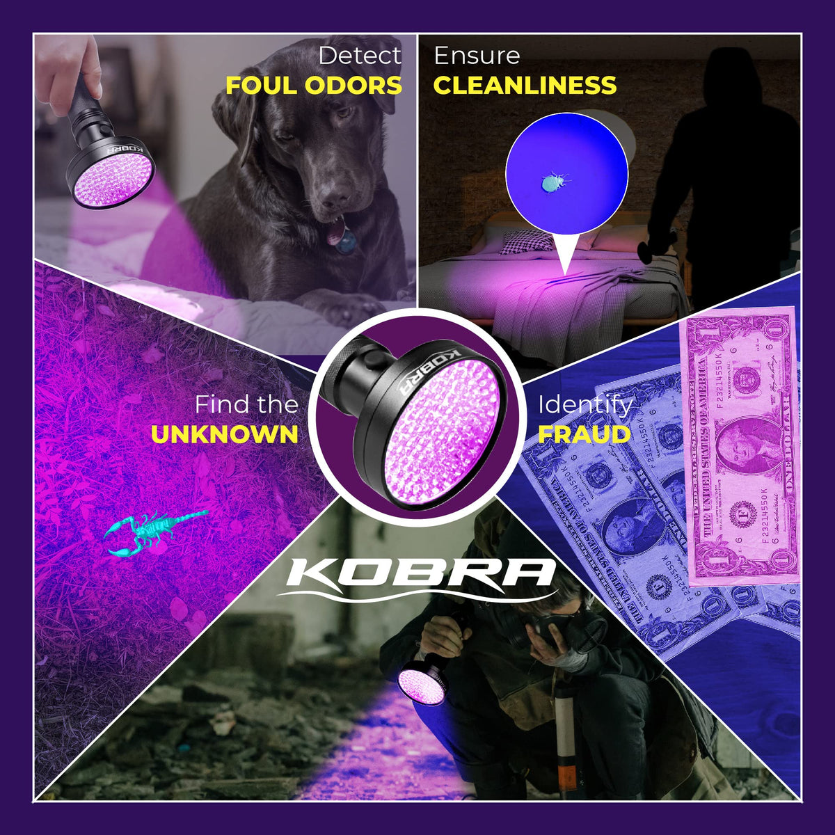 KOBRA UV flashlight aiding leaks tracing with UV-dyed fluids