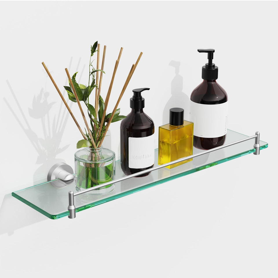 KOCOK 20-inch glass shelf in brushed nickel for organized bathroom storage.