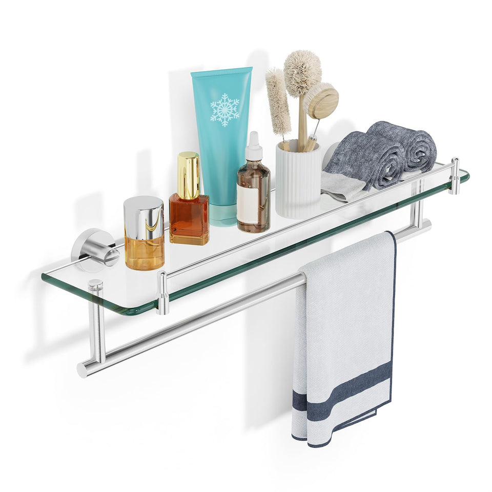 KOCOK 20-Inch tempered glass shelf with towel bar provides roomy bathroom storage.