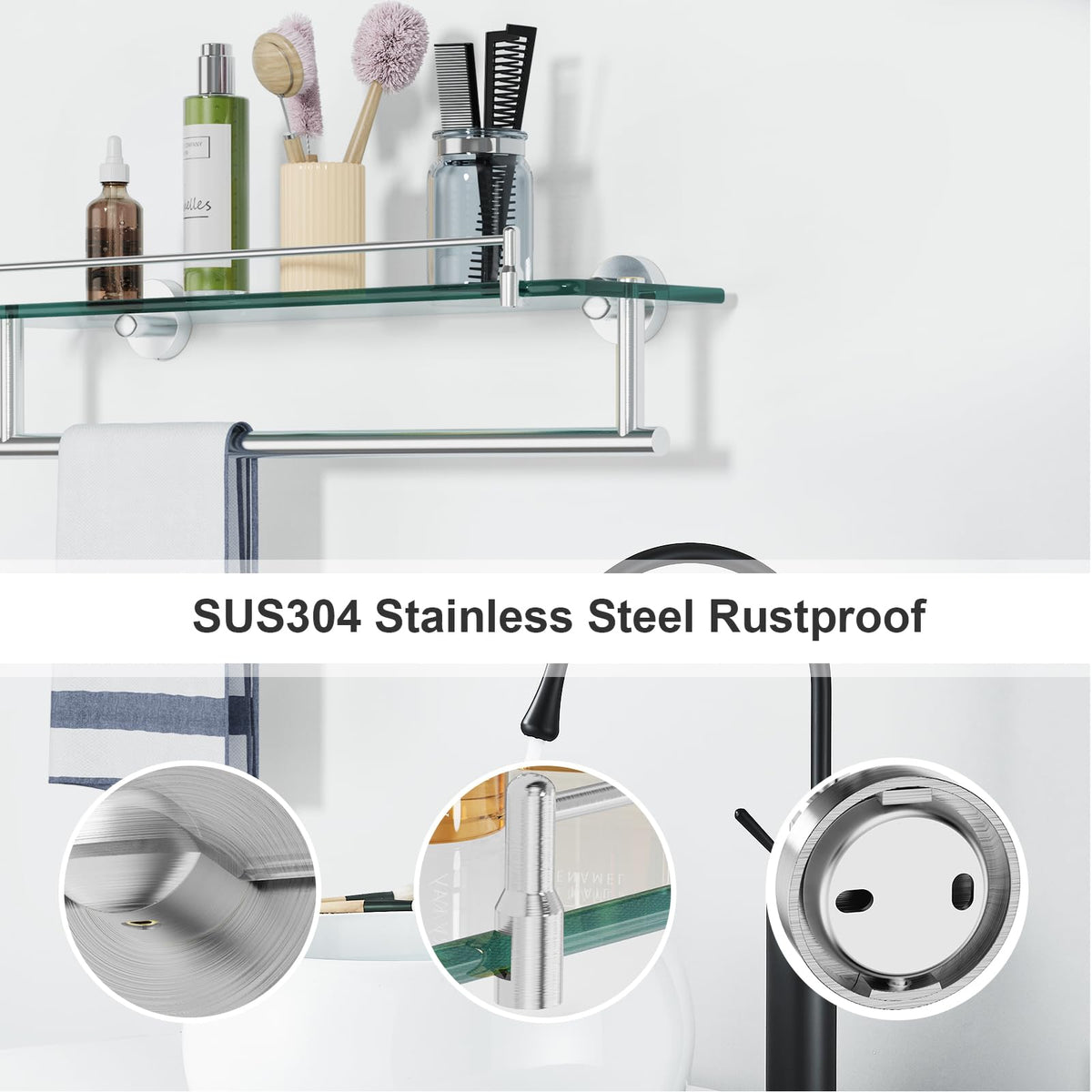 KOCOK floating glass shelves in a modern bathroom for organized storage.
