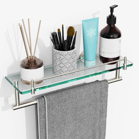 KOCOK floating shelf with towel bar in brushed nickel for space-saving bathroom storage.