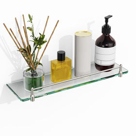 KOCOK glass bathroom shelf with brushed nickel finish, wall-mounted for organized toiletries.