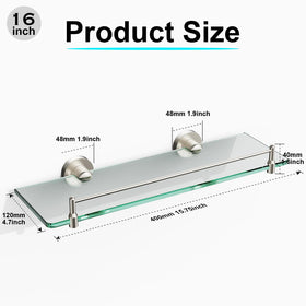 KOCOK 16-inch glass shelf showing raised guardrail for stable storage.