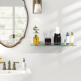 KOCOK glass shelf closeup showing guardrail to prevent items from slipping.