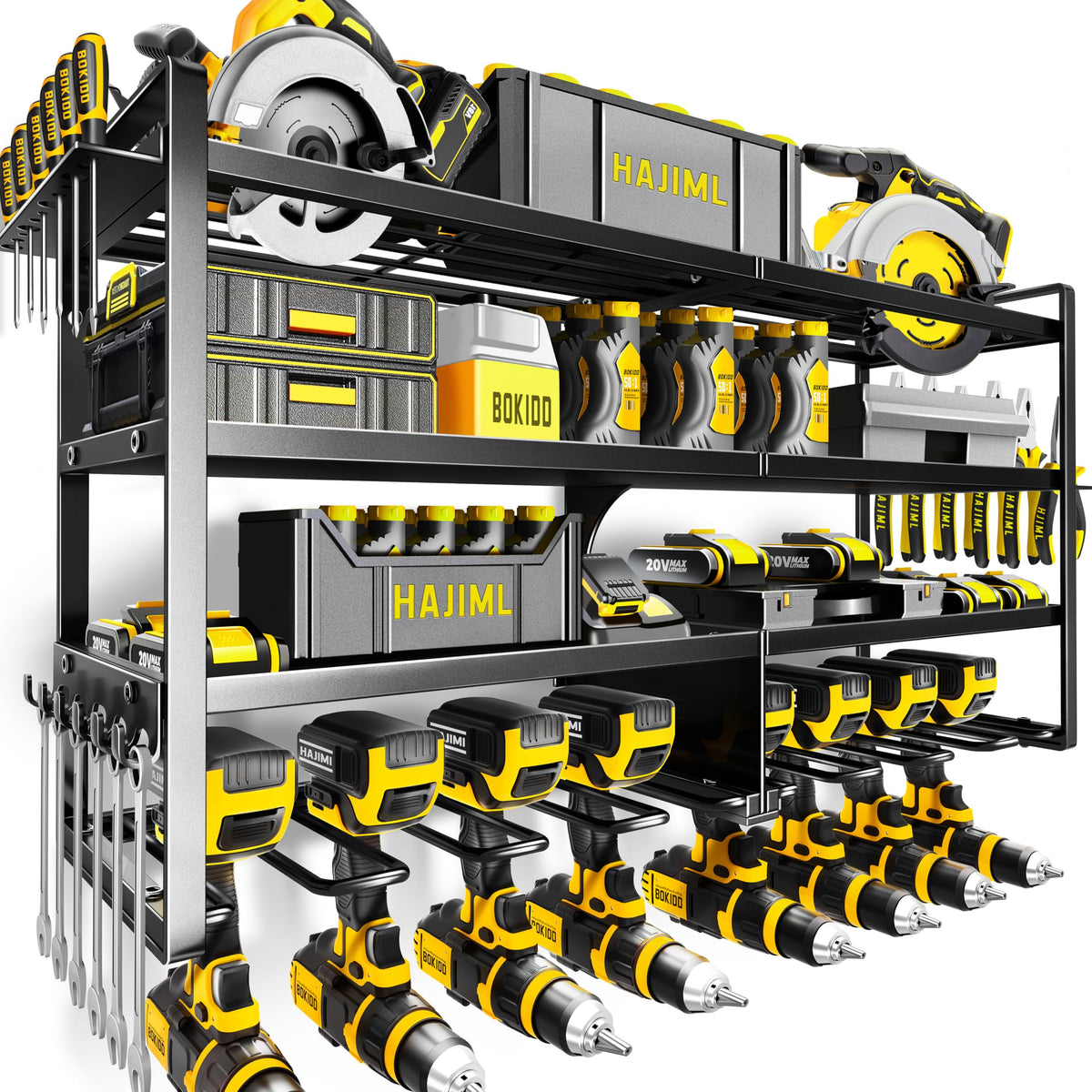 Kodreat power tool organizer on wall mount with a four-tier setup for organized garage
