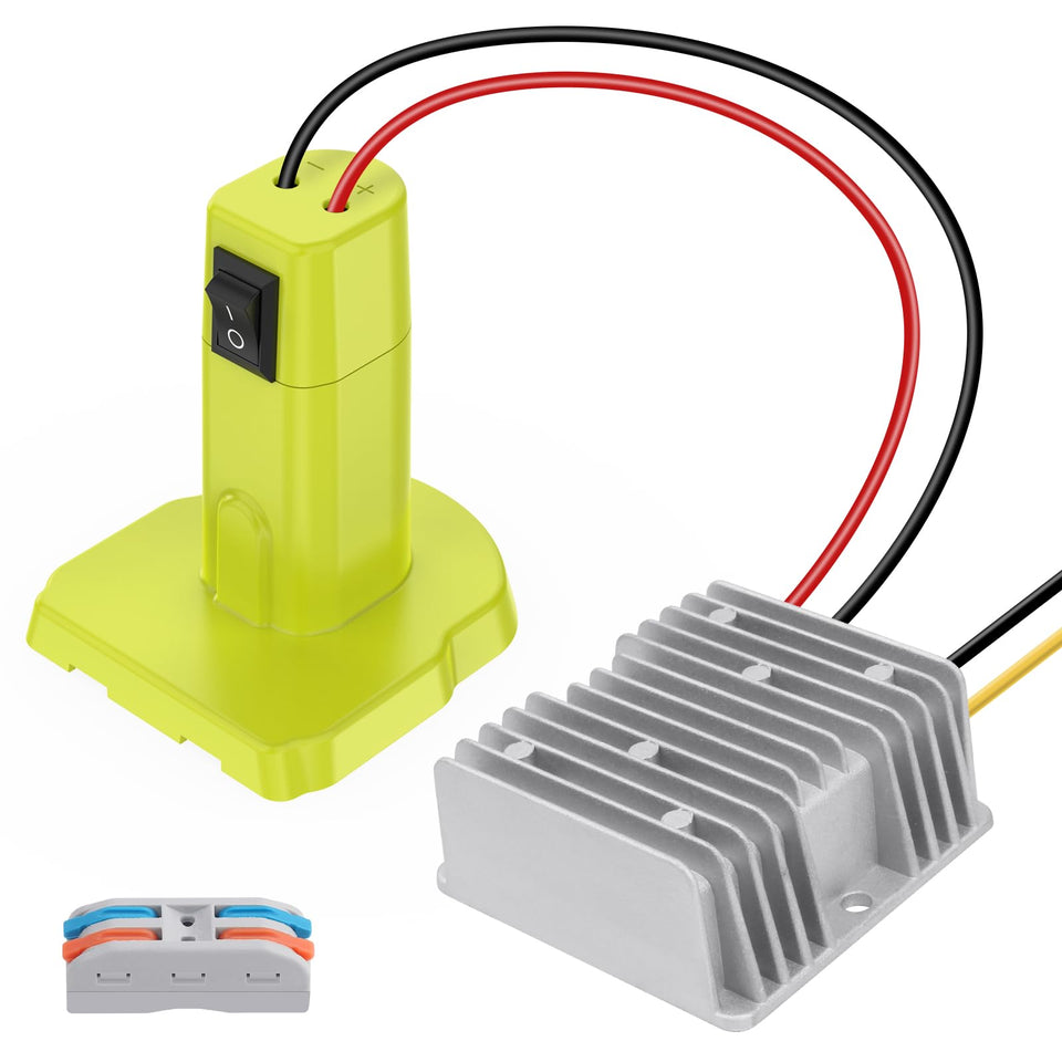 KOEZEOI Ryobi 18V to 12V converter powering 12V devices in DIY projects.