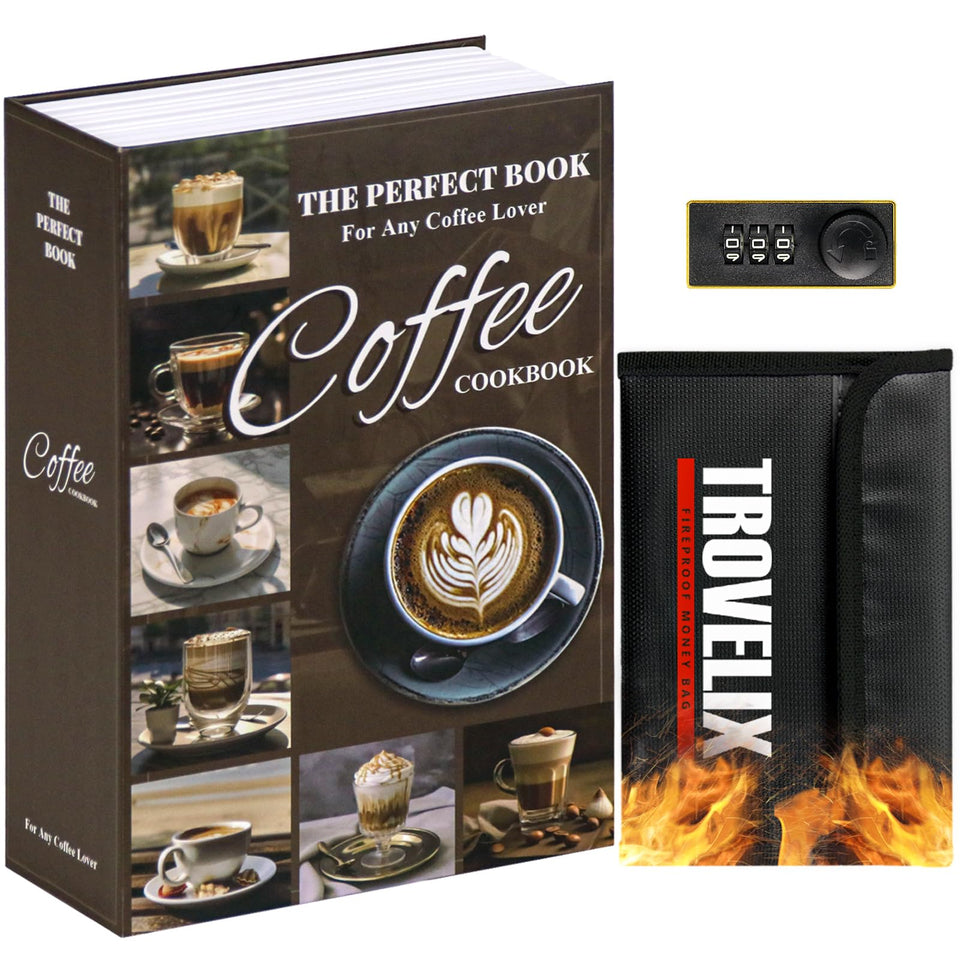 KOFAIR book safe with combination lock, coffee finish, secure storage inside a real-looking book.