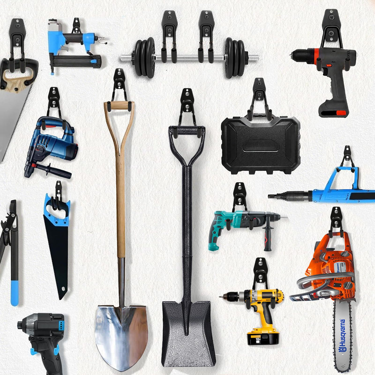 KOFANI organized workspace using wall hooks for easy access