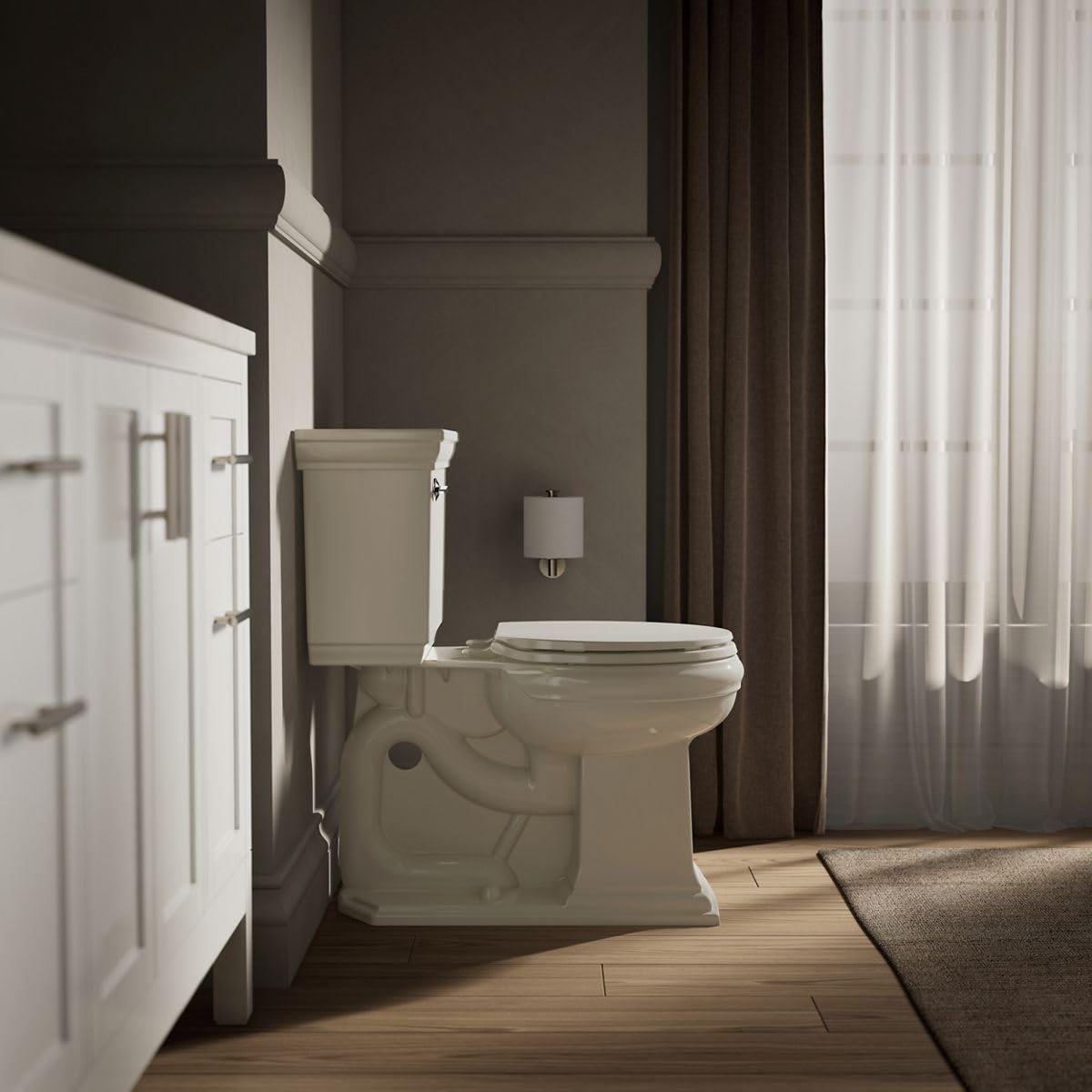 Kohler Brevia Biscuit color-matched hinges for a clean look